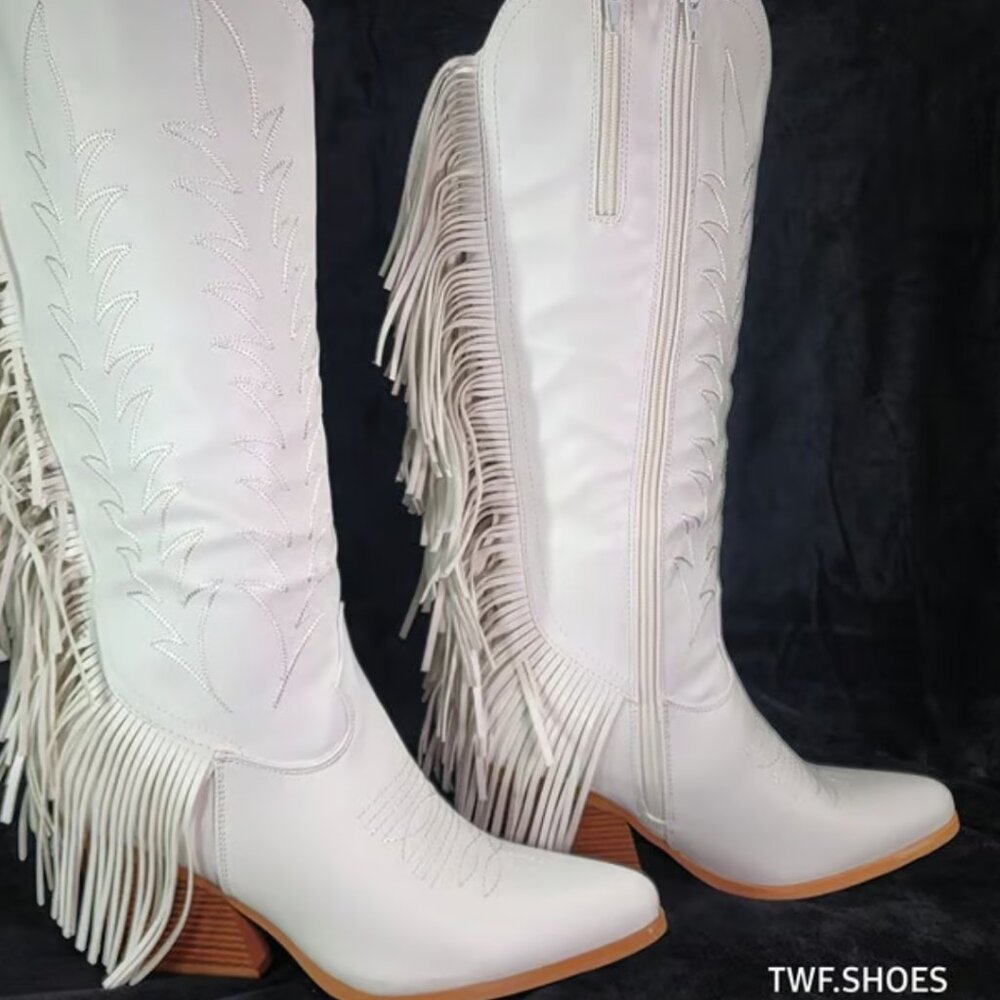 Dusty Roads Bright White Back Fringe Cowboy Western Cowgirl Boots Tuck Zipper - Picture 11 of 13